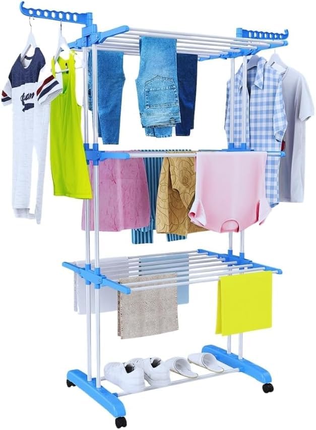 Stendibiancheria Verticale a 3 Livelli con Ruote – Stendino Salvaspazio Richiudibile in Acciaio, Pieghevole e Portatile, con Bracci Laterali per Appendini – Per Interno ed Esterno