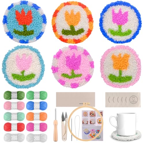 Image of CraftyManor Tulip Punch Needle Kit for Beginners with Pattern, Simple Paint with Yarn Punch Kit, Punch Needle Coaster Kit with Yarn, Needle, Punch Needle, Threader, Embroidery Hoop, Tufting Cloth