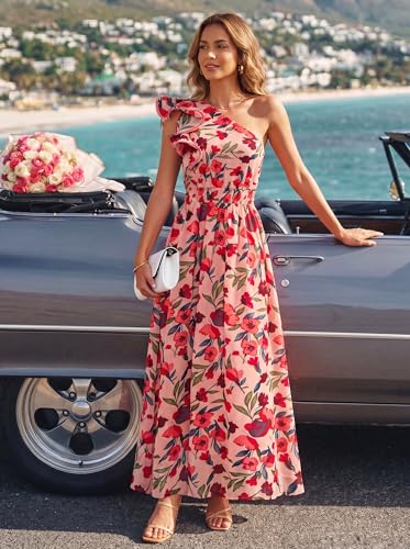 Image of ZESICA Women's 2026 Summer Floral Sleeveless Maxi Dress | One Shoulder, Sleeveless, Ruffle, High Waist, Beach Wedding Guest, Vacation, Graduation, Bridal Shower, Boho Long Dresses