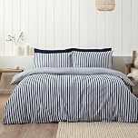 Catherine Lansfield Brushed Stripe Cotton Reversible Single Duvet Cover Set with Pillowcase Navy Blue