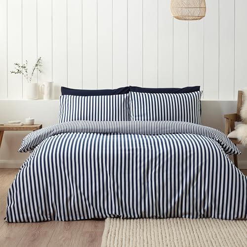 Catherine Lansfield Parure de lit réversible en Coton brossé à Rayures avec taies d'oreiller Bleu Marine King Size