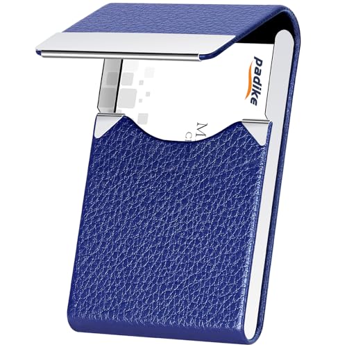 Image of Padike Professional Business Card Holder PU Leather Business Card Case Name Card Holder Slim Metal Pocket Card Holder with Magnetic Shut (Blue)