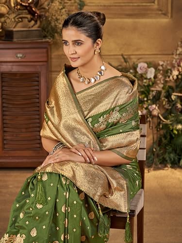 Image of Mehrang Women's Banarasi Silk Kanjivaram Saree For Wedding With Pure Zari Work, Woven Design, With Unstitched Blouse Piece