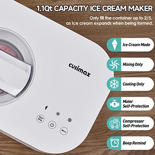 Ice Cream Maker, Cusimax Automatic Ice Cream Maker With Compressor No Pre-Freezing Gelato Maker 1.1 Quart 3 Modes Easy Homemade Ice Cream And Sorbet, Frozen Yogurt, Includes Recipes #TOP1