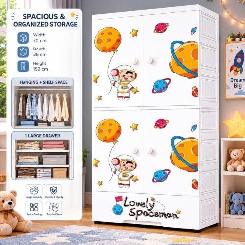 Image of Mevigo 4-Door Plastic Wardrobe for Kids| Almirah and Wardrobe for Baby Clothes| Modular Storage Cabinet with Wheel Organizer for Cupboard Rack for Clothes /Shoes /Books /Toy (White-KT-81021, 4- Door)