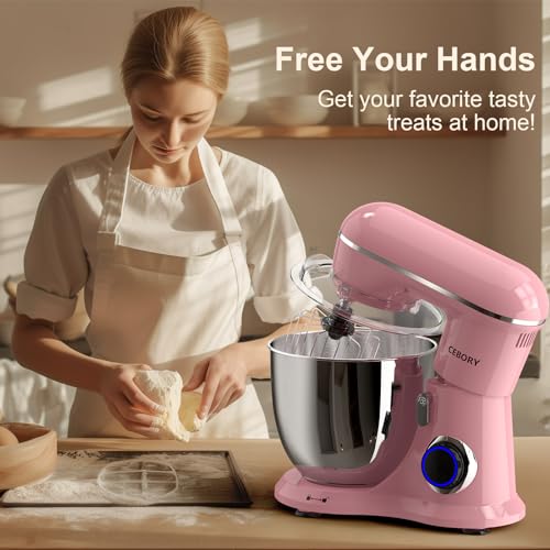 Image of CEBORY 3-IN-1 Electric Stand Mixer, 6.5QT Bowl 660W 10-Speed Kitchen Mixer, Household Food Mixers include Dough Hook, Beater and Whisk, Bread Cake Mixer for Baking and Most Home Cooks, Pink