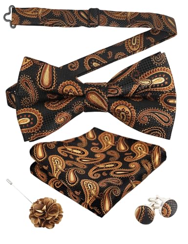 Image of Alizeal Mens 4pcs Vintage Paisley Bow Tie Set | Pre-tied Pocket Square Cufflinks Boutonniere for Wedding Everyday Use