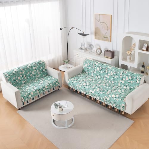 Image of HOKIPO Premium Holland Velvet Sofa Cover with Tassel 5 Seater (3+2) | Full Protection for Sofa Seat and Back | 'Whispers of Nature' | Sage Floral Vine (IN-1127+1126-D8)