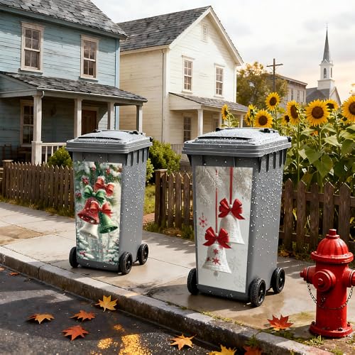 Image of 2 PC Trash Can Sticker 14.57 x 32.28 Inch Red and Green Christmas Bell Design Vinyl Sticker with Ribbon Pine Leaf and Snowflake Pattern for Outdoor Garbage Bin Yard Garden Driveway Home Holiday Decor