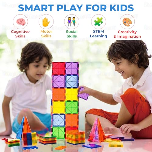 Image of Kidology Magnetic Tiles for Kids (42 PCS) | Travel Set STEM Building Blocks | Educational Construction Toys for 3 4 5 Years | Colorful Blocks for Creative Play & Imaginative Learning (Multicolor)