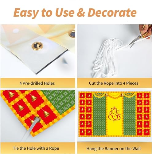 Image of Party Propz Ganpati Backdrop Decoration -1Pc (8ft*5ft) Ganpati Decoration Setup for Home, Varamahalakshmi Decorative Items, Pooja Backdrop Cloth, Haldi Backdrop, Annaprasana Backdrops, Haldi Decor