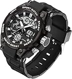 Montre multifonction d'extérieur pour homme : format 12/24 heures, réveil, chronomètre, calendrier avec semaine/date/mois, résistante aux chocs, aiguilles lumineuses et rétroéclairage EL