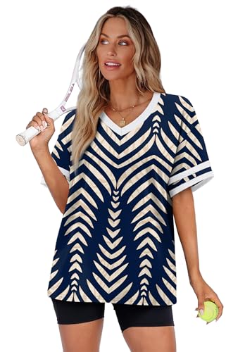 Image of WIHOLL Womens T Shirts Loose Fit Short Sleeve Tees V Neck Color Block Summer Tops 2026 Fashion S-4XL