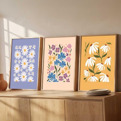 Image of kotart Home Decor Floral Painting Decorative Wall Art | Aesthetic Poster With Frame For Living Room Bed Room Hotel Wall Decor Digital Reprint Set of 3 (14x20 Inch)