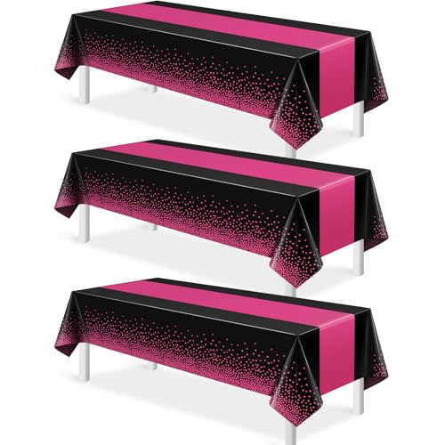 Image of 3Pcs Black Hot Pink Tablecloth Party Decorations,Plastic Black Table Cloth Printed Hot Pink Table Runner Disposable Rectangle Cover for Birthday Wedding Anniversary Graduation Party,54x108 Inch