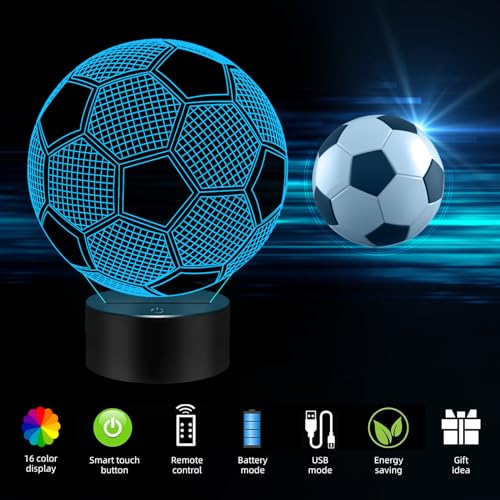 MENOMINO Soccer Gifts 3D Illusion Night Light Lamp Toys with Remote Control 16 Colors Changing, Soccer Accessories Stuff Decor Birthday Christmas Valentines Day Gift for Sport Fan Boys Girls - Thumbnail 7