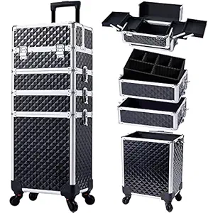 Stagiant Rolling Makeup Case Cosmetology Case on Wheels 4 in 1 Large Cosmetic Organizer Train Case Makeup Travel Case with Key Swivel Wheels Nail Artist Salon Storage Traveling Cart Trunk Black
