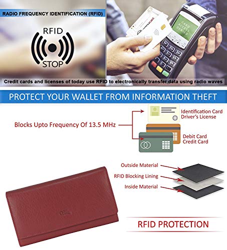 Image of Women's Top Grain Leather Wallet, RFID Blocking Bifold clutch, 17 Card Slots, Zip Pocket Organizer, Elegant Gift for Women - Birthday, Valentine, Anniversary - RED