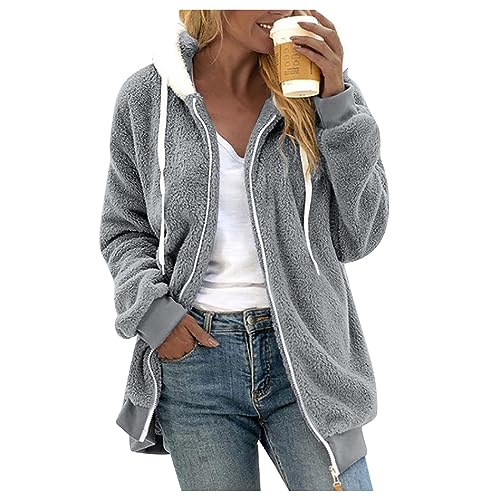 Fuzzy Fleece Jackets for Women Plus Size Hoodies Fall Winter Coats Color Block Patchwork Cardigan Coat with Pockets