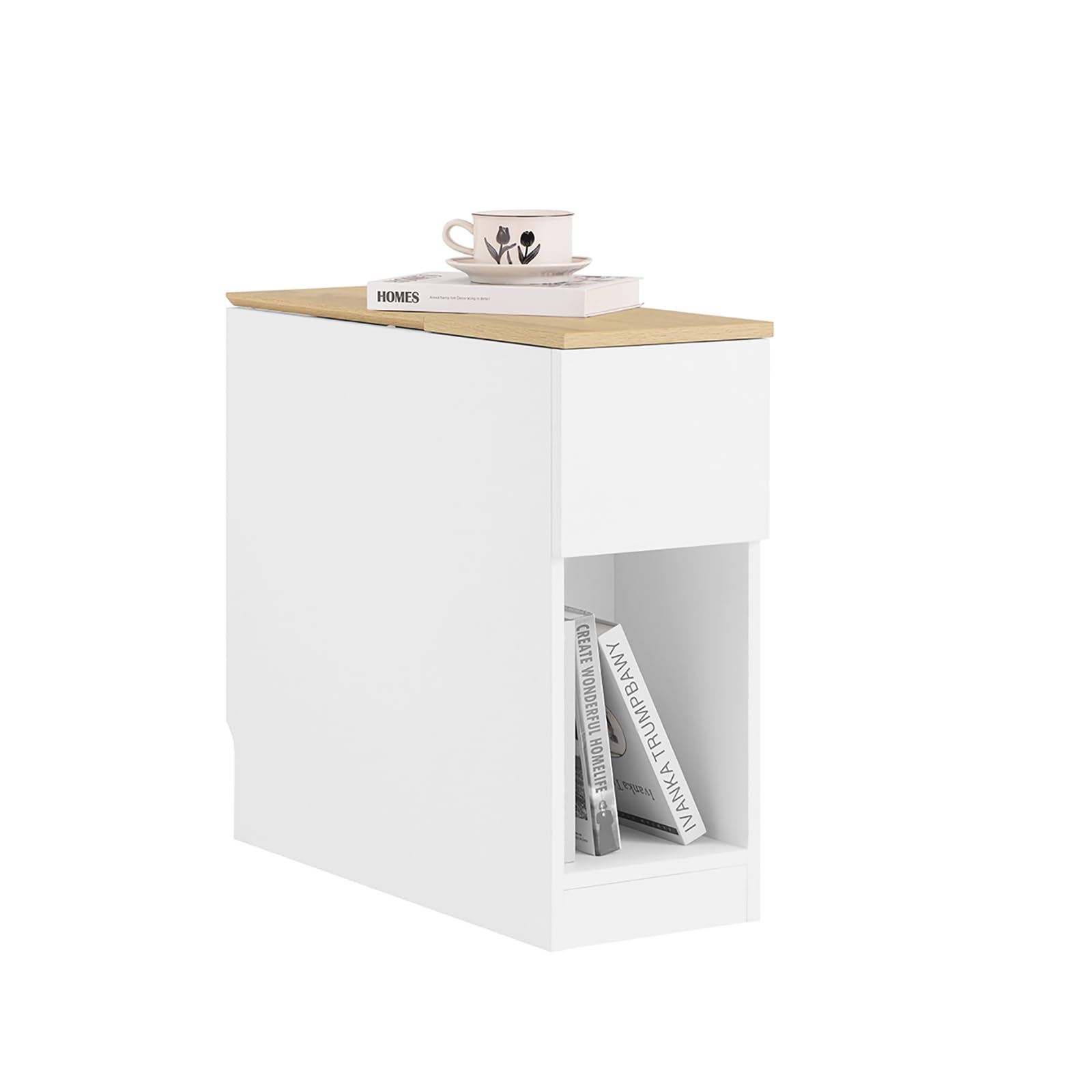 SoBuy Mesa Auxiliar Estrecha - Mesita de Noche con Estante de Almacenamiento y Cajones, Mesa de Noche Ahorra Espacio para Dormitorios Pequeños, 25 x 65 x 60 cm, Blanca y Natural - FBT162-WN