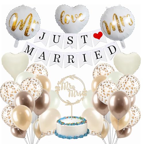 55 Stück Hochzeitsdeko Just Married Deko, , Mr & Mrs Hochzeit Deko, Hochzeit mit Just Married Girlande, Cake Topper
