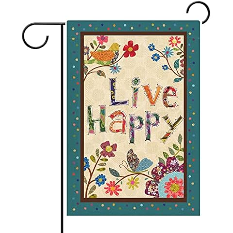 Hzppyz Live Happy Decorative Small Garden Flag Flower Bird, Spring Summer Inspirational Quote House Yard Outdoor Butterfly Floral Decor Double Sided, Fall Positive Farmhouse Outside Decoration 12 x 18 Cover