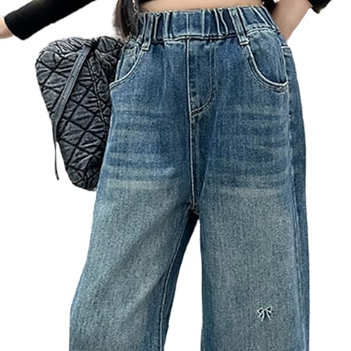 Girls Baggy Wide Leg Jeans, 5 Pockets Bow Embroidered Denim Pants, Tweens Elastic Waist Cat's Whisker Jeans4