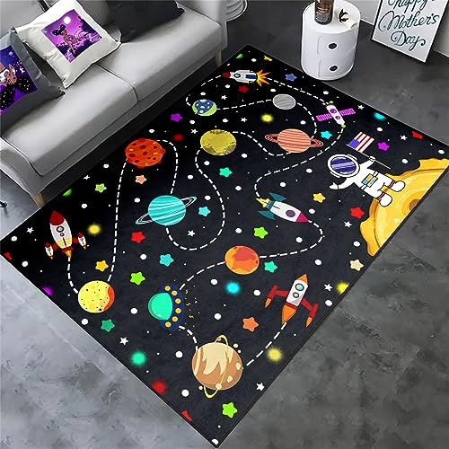Outer Space Area Rug - 35" L x 23" W Solar System Galaxy Planets Rug for Boys Bedroom Universe Theme Carpets for Kids Living Room Bedroom Indoor Outdoor Crystal Polyester Floor Mats Kids Play Carpet