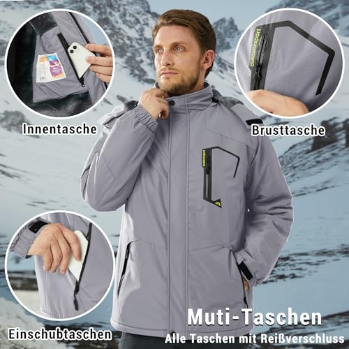 KEFITEVD Herren Winterjacke Gefüttert Wasserdicht Outdoorjacke Thermo Jacke Allwetterjacke Männer Winter Jacke Warme Regenjacke Windbreaker Hellgrau L