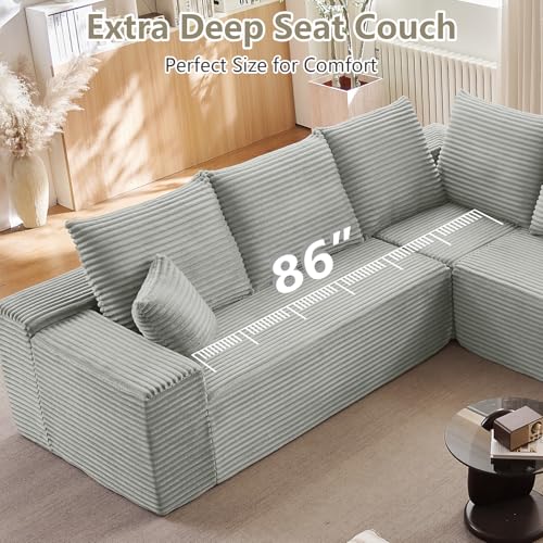 Image of Sectional Cloud Couch for Living Room, Modern Modular Floor Deep-Seat Sofa, Upholstered L Shaped Sofas, Big Comfy Corduroy Couches Set for Living Room Bedroom, No Assembly Required, Grey