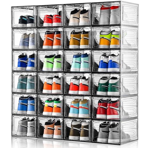 Image of Stebopum 12 Pack Shoe Boxes Shoes Organizer, Shoe Storage Organizer Boxes with Magnetic Door, Clear Shoe Organizers Sneaker Storage Shoe Box for Women /Men, Fit up to US Size 12