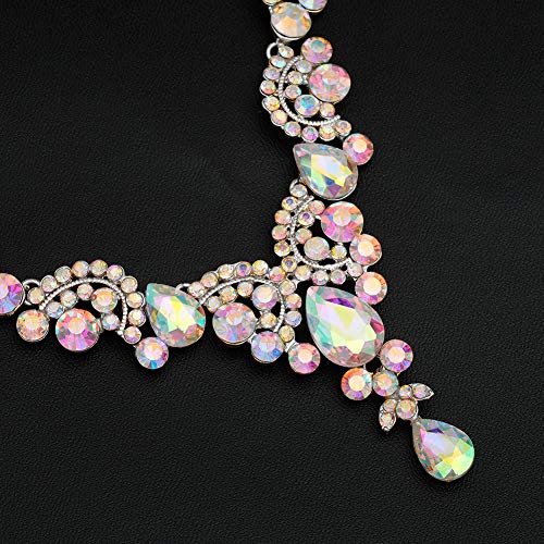 CSY Elegant Iridescent Crystal Necklace Earrings Bracelet Ring Bridal Wedding Costume Jewelry Sets for Brides Women Gifts (Iridescent AB Crystal - Silver tone) - Image 5