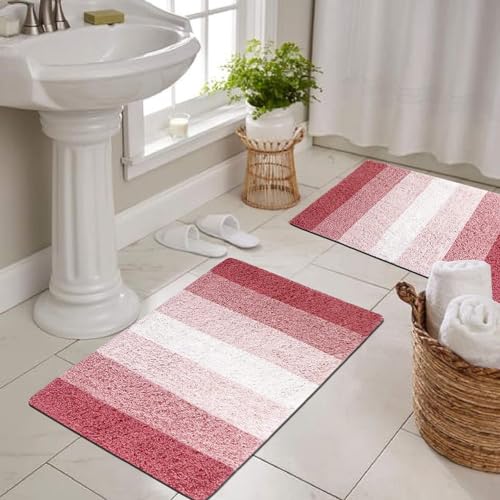 Image of THE HOME TALK Cotton Stripes Bathmats | Water Absorbent Runners | Floor Mats /Rugs for Kitchen, Bathroom | Ultra Soft Mats | Non-Slip | Pack of 2 | 40 x 60 cm | Peach