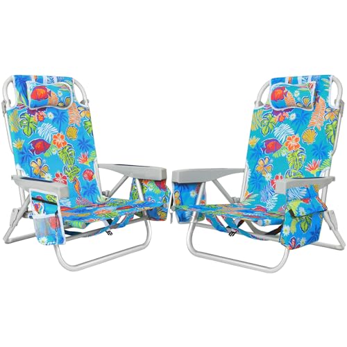 2Pk Aluminum Extra Wide 5-Position Lay Flat Folding Backpack Beach Chairs for Adults with Cooler Bag Cup&Phone Holder Towel Bar for Outdoor Lawn Picnic Sport Portable Camping Chairs Tropical Print