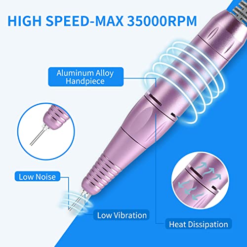 Portable Nail Drill Professional 35000 RPM, MOCOWIND Rechargeable Electric Nail File Machine E File for Acrylic Gel Polishing Removing, Cordless E-File with Bits Kit for Manicure Salon Home, Purple - image 4