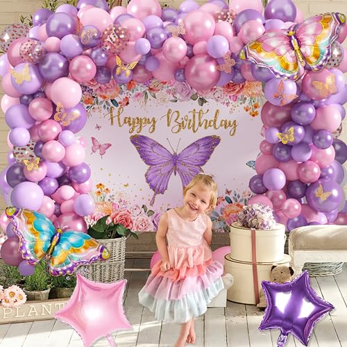 Image of Butterfly Birthday Decorations Party Supplies for Girls Women with Pink Purple Balloon Arch Kit Backdrop Tablecloth Butterfly Wall Decor Foil Balloons Cake Toppers