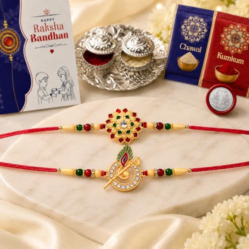 Image of Oblivion Kundan Lotus and Krishna Morpankh Rakhi Pair for Brother with Metal Pooja Thali, Two Dabbas, Roli Chawal, Coin and Greeting Card