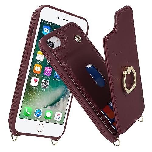 Image of for iPhone 7 Plus / 8 Plus Case with Card Holder and Strap for Women,Crossbody Lanyard,Kickstand Ring Stand,Snap Clasp,Phone Wallet Cases 5.5 inch(Wine Red)