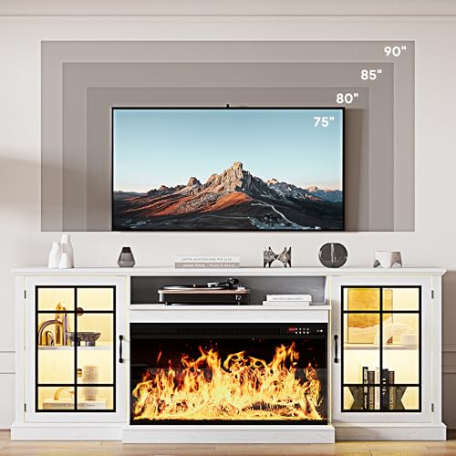 Image of MXV 80'' Fireplace TV Stand, Farmhouse Entertainment Center with 3 Sided Glass TV Stand, Modern Media Console Table with Storage Drawers & Cabinets with LED Flame and Lights for Living Room, White