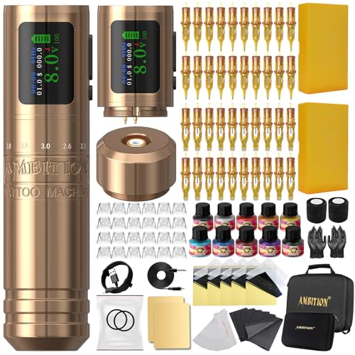 Ambition C1 Kit Complet Machine à Tatouer Sans Fil - Machine Tatouage Rotative, 7 Courses Réglables, Double Batterie 1900mAh pour Débutants