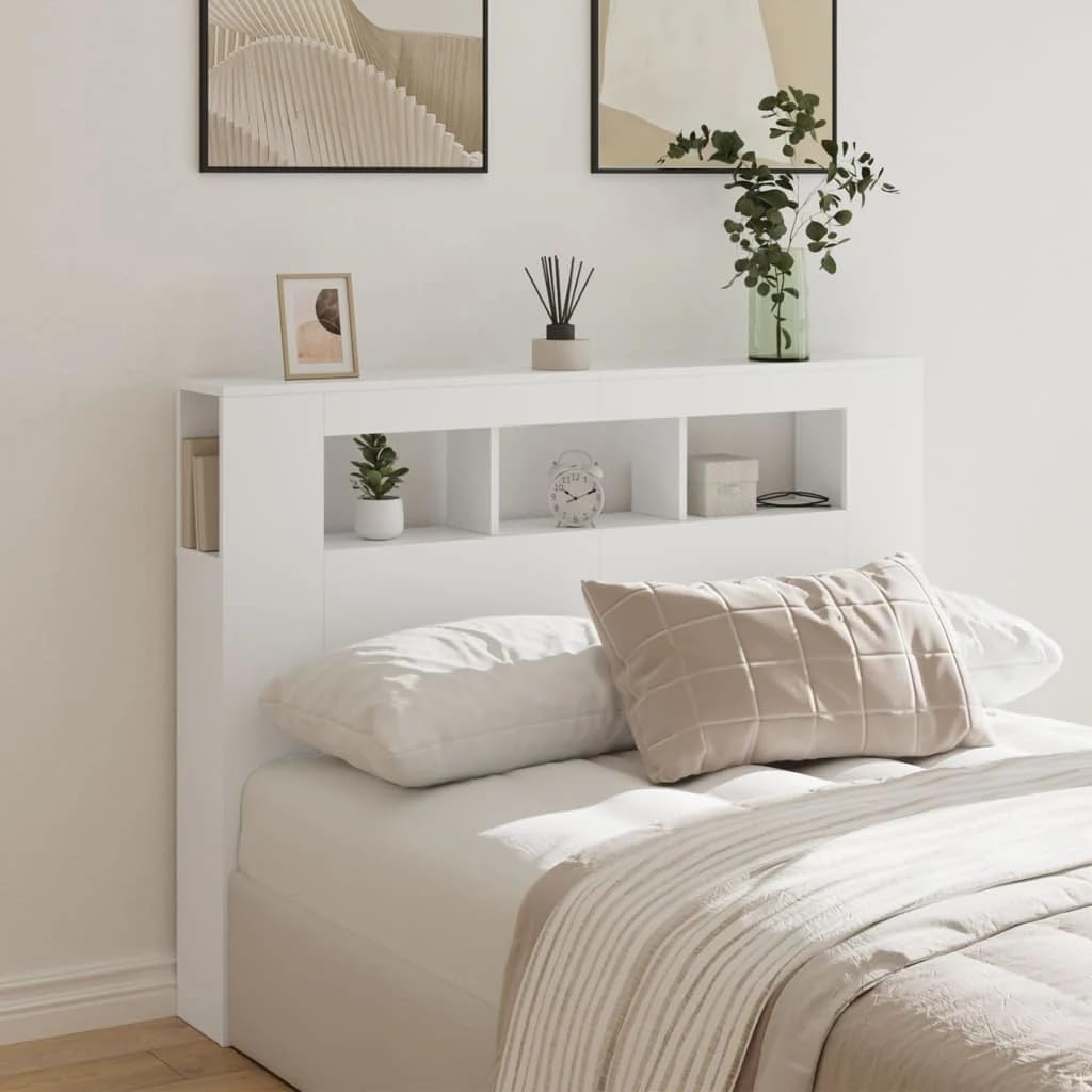 vidaXL Cabecero con LED, Cabecera con Almacenaje, Cabezal de Cama, Cabecero para Dormitorio, Madera de Ingeniería Blanco 140x18,5x103,5 cm