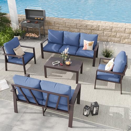 Image of Aluminum Patio Furniture Set 5 Pieces Modern Patio Conversation Sets for Porch, Deck, Garden, 7-Seat Outdoor Furniture Metal Sofa Set with 4 inch Water-Resistant Cushion & Coffee Table,Navy