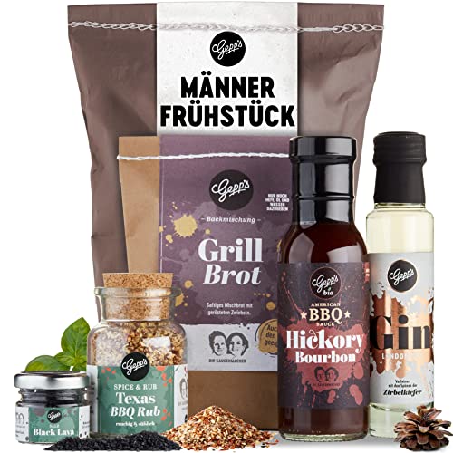 Gepp’s Feinkost Männerfrühstück Wundertüte I Geschenkidee für Männer mit Bio Grill- und BBQ Sauce, Gin, Texas Super Rub, Black Lava Salz & Grillbrot I Geschenk zum Grillen I Geschenkkorb für Ihn Cover