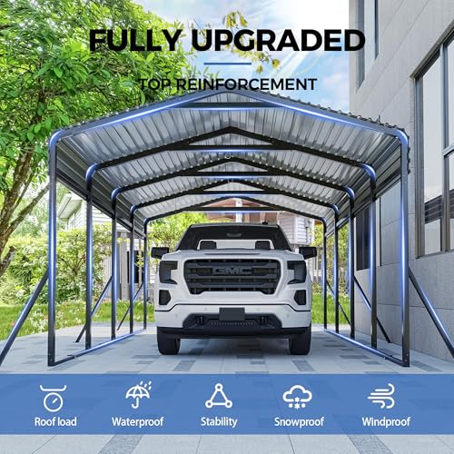 Image of AirWire Carport Canopy 12'X20' Heavy Duty Car Port Galvanized Steel Roof, Reinforced Stable Triangle Frame for Snowy Windy Metal Carports Enhanced Base Car Tent for Car,RV,Pickup,Boat,Truck,Tractor