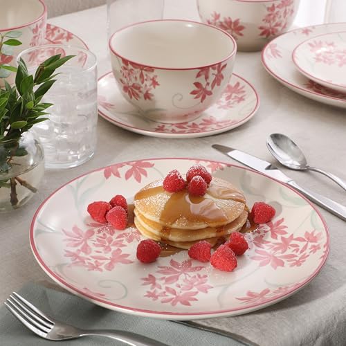 Image of Gibson Home Admiral Hall 12-Piece Matte Stoneware Dinnerware Set - Dinner Plates, Salad Plates & Bowls with Pink Floral Pattern, Durable Everyday Dish Set, Microwave & Dishwasher Safe
