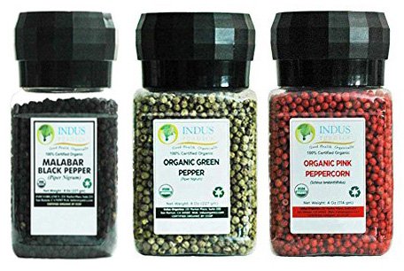 Indus Organics Granos de pimienta negra, granos de pimienta verde (6 onzas), granos de pimienta rosa (4 onzas), paquete combinado (1 x 3 frascos de