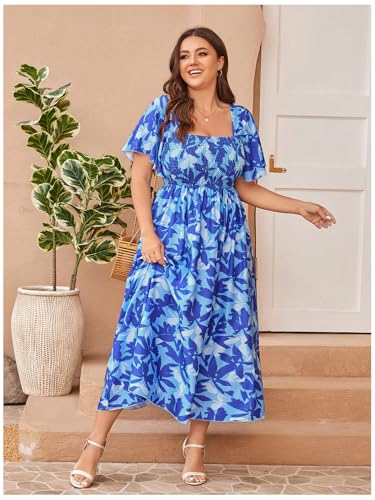 Image of Floerns Women's Plus Size Floral Square Neck Flounce Short Sleeve A Line Maxi Dress