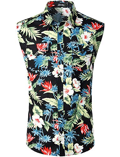 JOGAL Men's Sleeveless Flower Casual Button Down Hawaiian Shirt XX-Large A358 Freesia Black Green