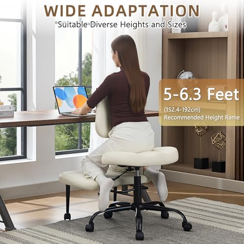 Image of Ergonomic Criss Cross Legged Office Chair, ADHD Chair, Wide Height Adjustable Seat 360 Swivel Footstool with Wheels, PU Leather Meditation Kneeling Chair, for The Restless Home Workers, Beige