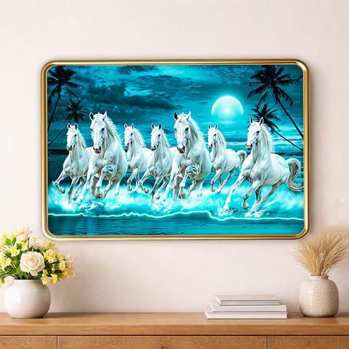 Image of XOPY Seven Running Horses with Golden Frame | Vastu 7 horses Raw Pyrite Painting for Home, Office & Living Room Wall Decore | 12X18 Inch Sparkle Laminated Frame | Best For Gifting (53322, 12X18)